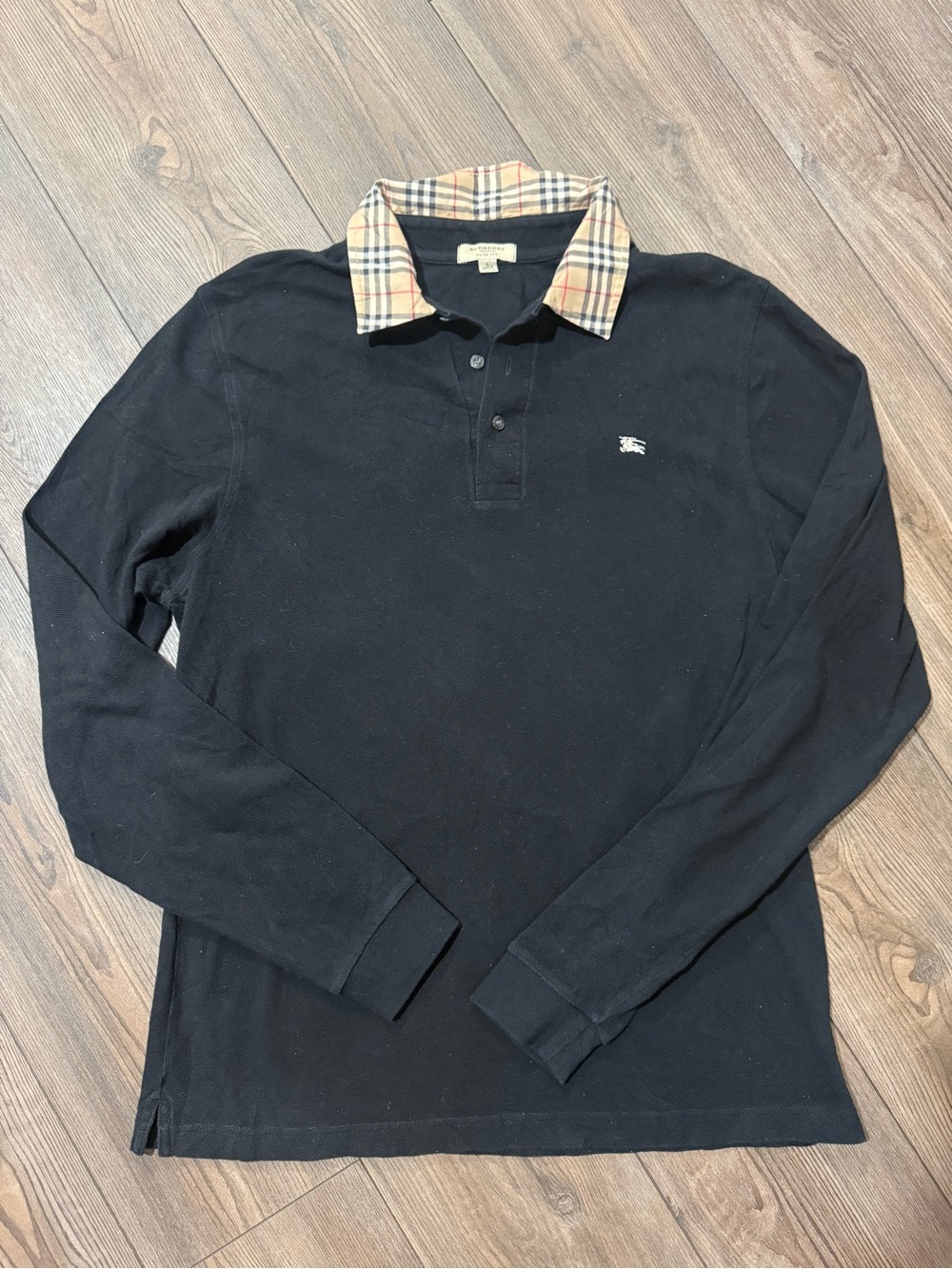 Burberry London Nova Check Collar Long Sleeve Polo Shirt Men’s Large Slim Black